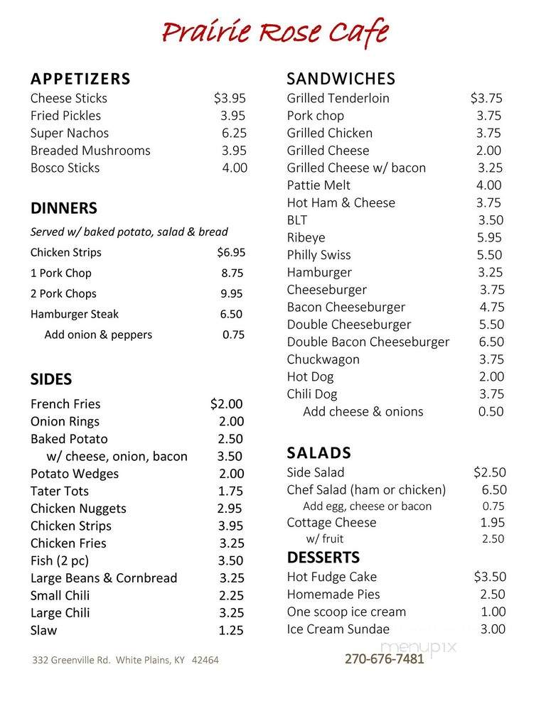Prairie Rose Cafe - White Plains, KY menu_pic