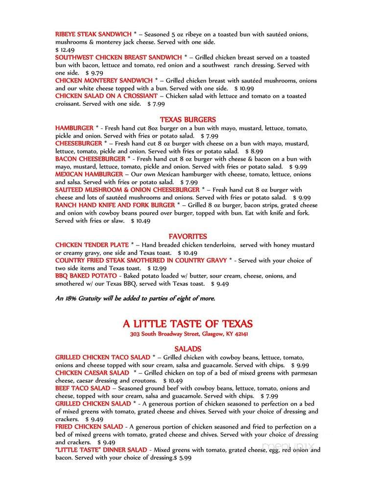A Little Taste Of Texas - Glasgow, KY menu_pic
