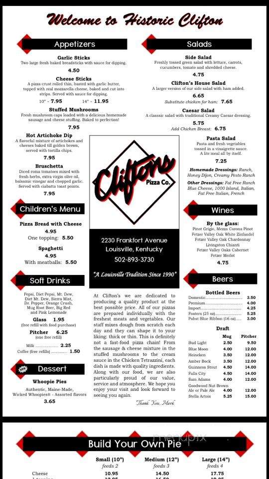 Clifton's Pizza Co - Louisville, KY menu_pic