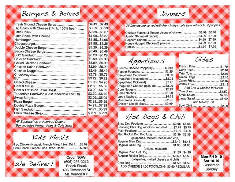 Snack Shack - Mount Vernon, KY menu_pic
