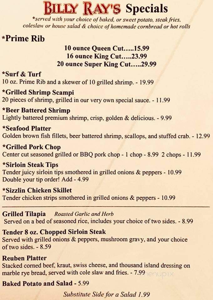 Billy Ray's Playhouse Restaurant - Prestonsburg, KY menu_pic