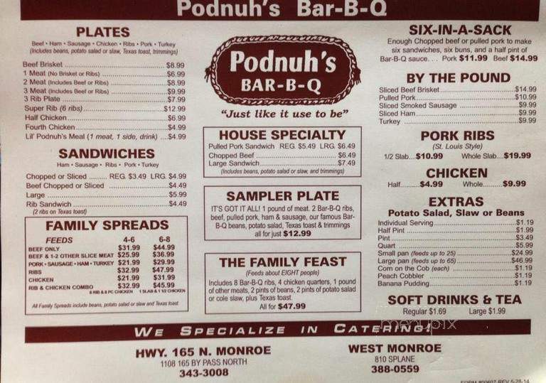 Podnuh's Bar-B-Q - West Monroe, LA menu_pic