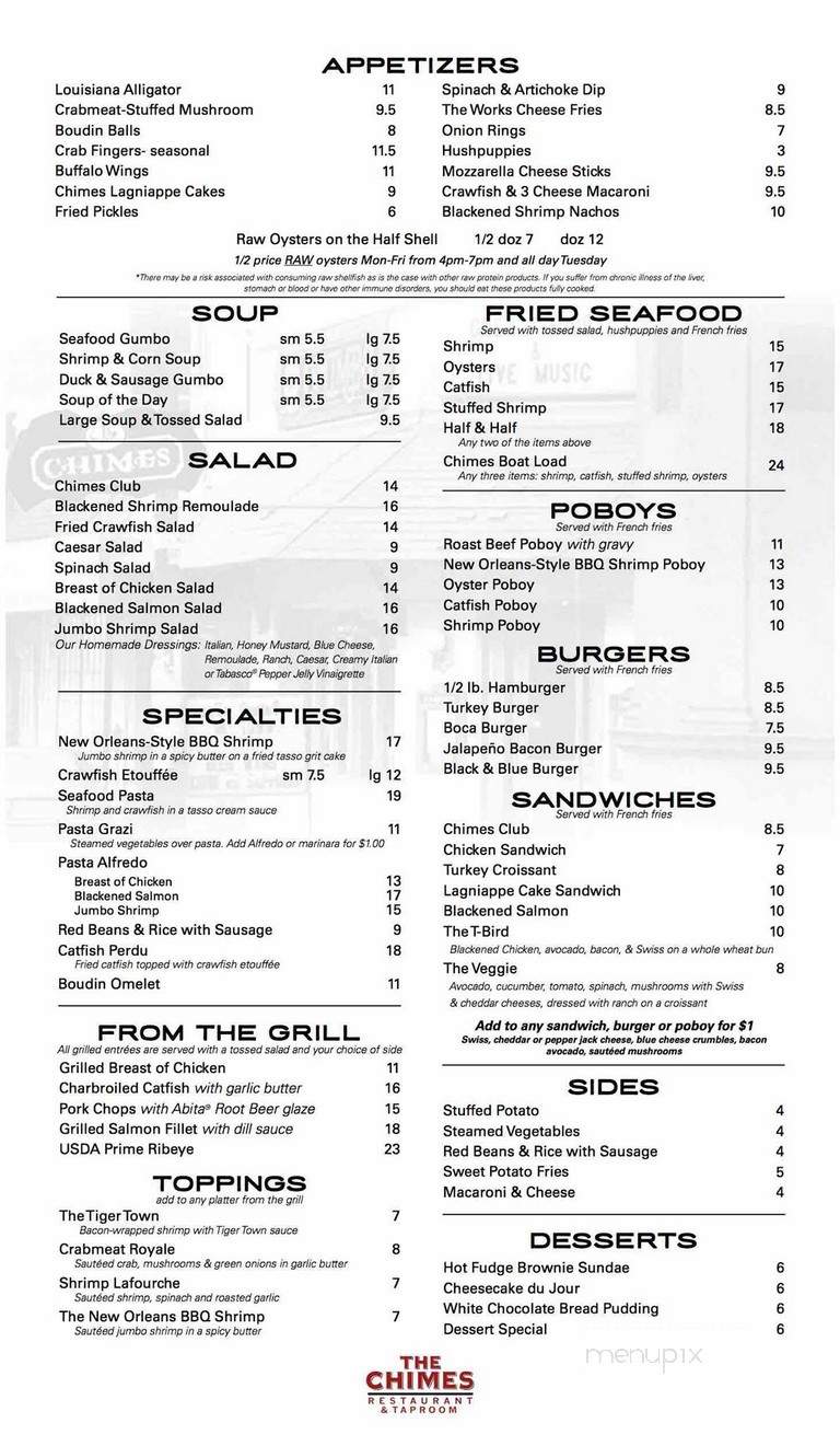 Menu of Chimes Restaurant & Oyster Bar in Baton Rouge, LA 70802