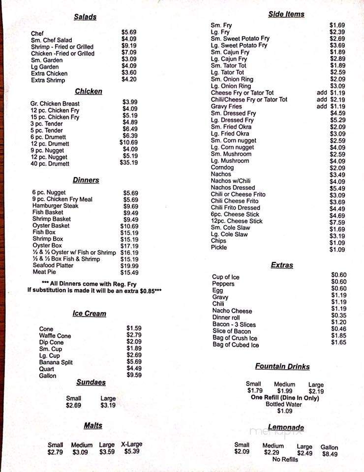 Menu of Dairy Inn in Napoleonville, LA 70390