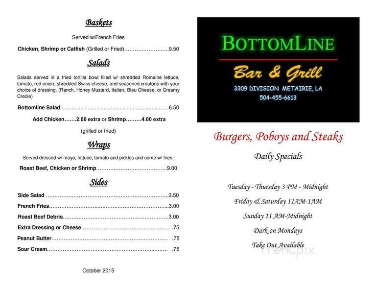 Bottom Line Restaurant & Bar - Metairie, LA menu_pic