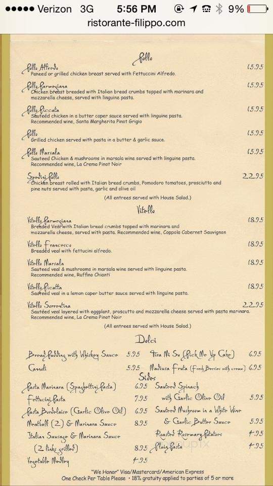 Menu of Ristorante Filippo in Metairie, LA 70001