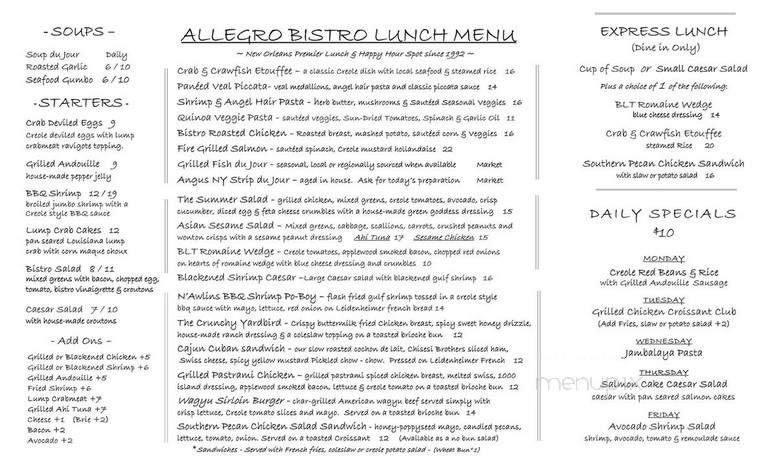 Allegro Bistro - New Orleans, LA menu_pic
