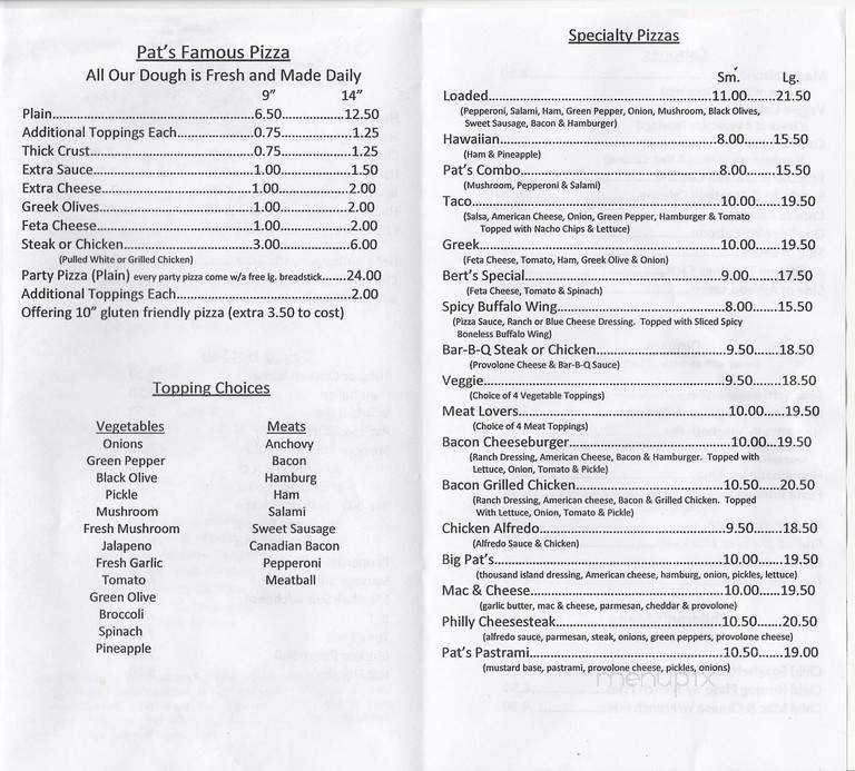 Pat's Pizza - Lincoln, ME menu_pic