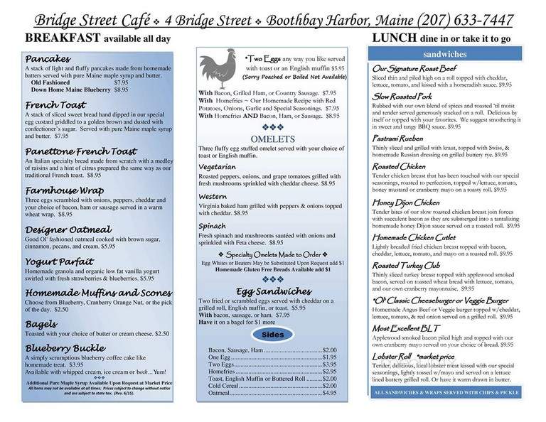 Bridge Street Cafe - Boothbay Harbor, ME menu_pic