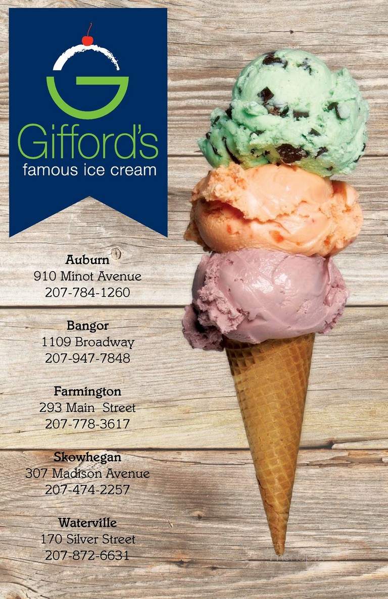 Menu of Gifford's Famous Ice Cream in Farmington, ME 04938