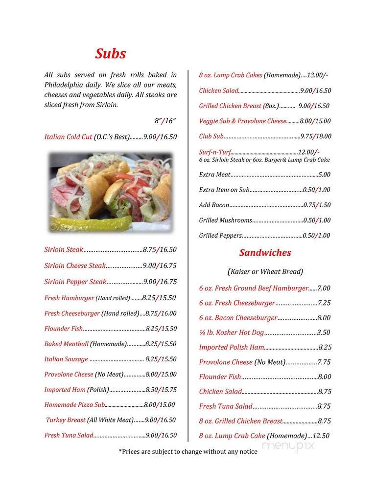 Billy's Sub Shop & Pizza - Ocean City, MD menu_pic