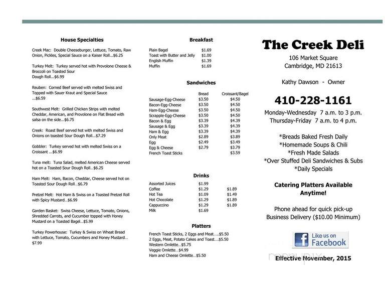 Creek Deli - Cambridge, MD menu_pic
