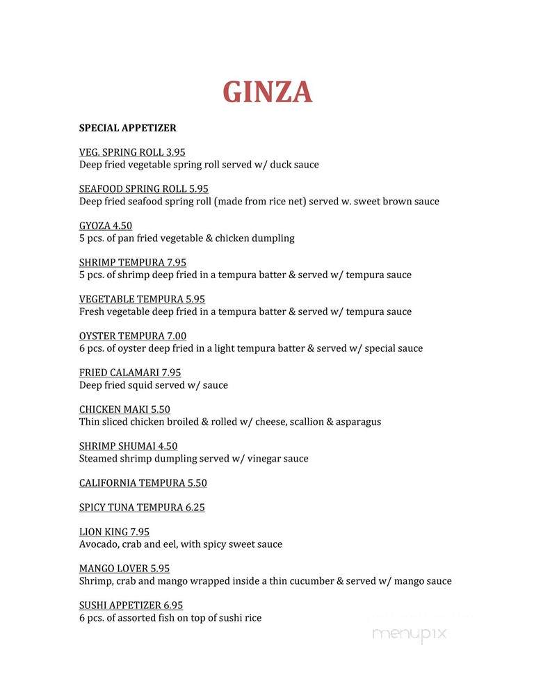 Ginza Japanese Restaurant - Owings Mills, MD menu_pic