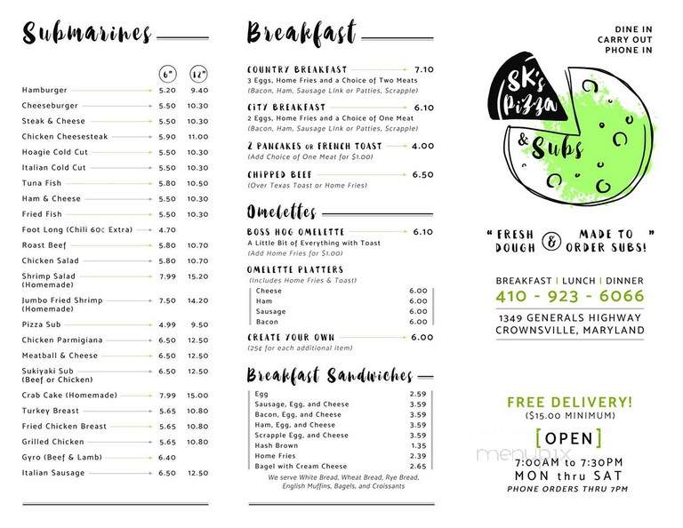 S K Pizza & Subs - Crownsville, MD menu_pic