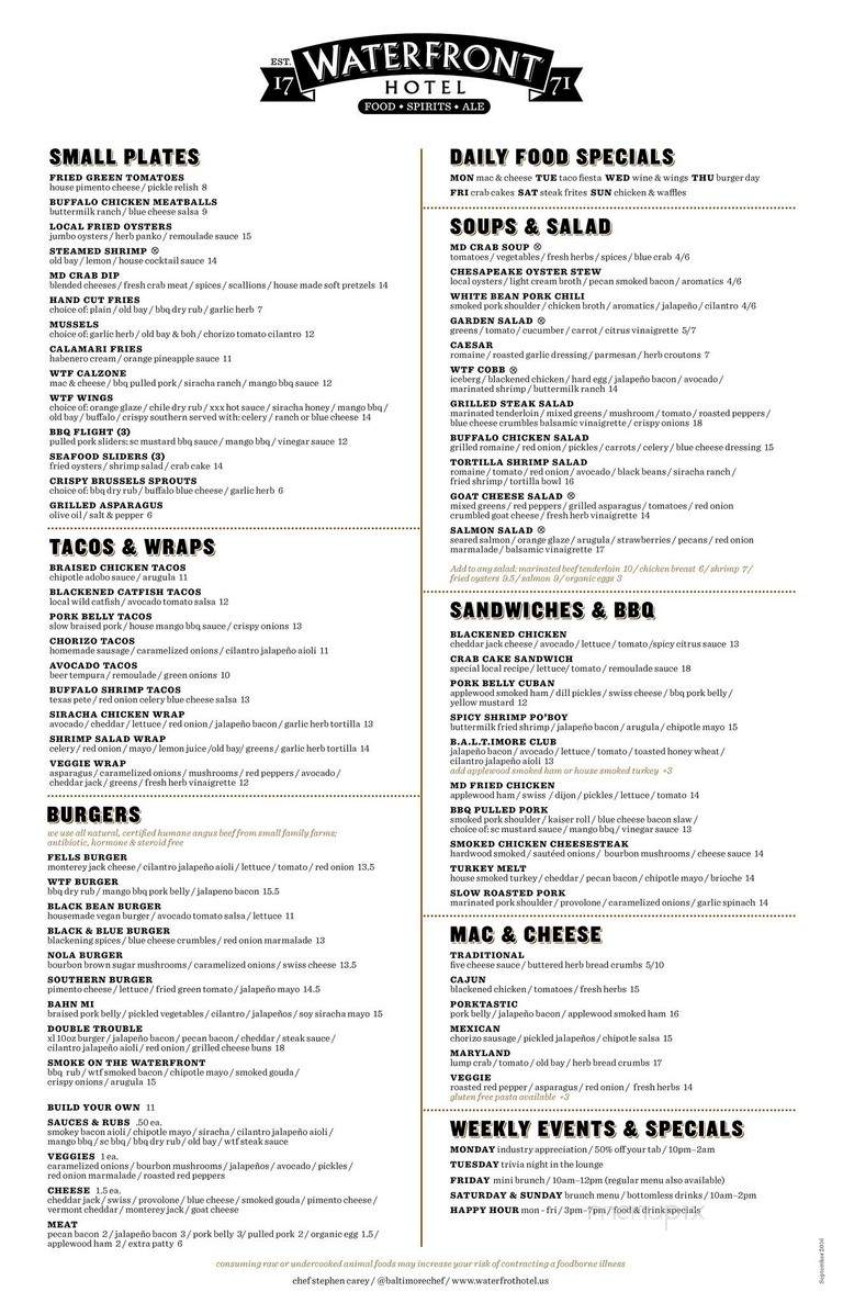 Waterfront Hotel - Baltimore, MD menu_pic