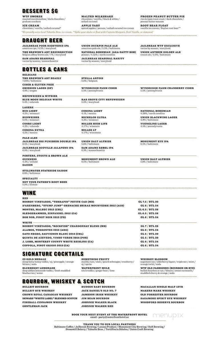 Waterfront Hotel - Baltimore, MD menu_pic