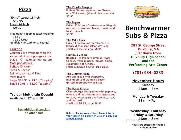 Benchwarmer Sub Shop - Duxbury, MA menu_pic