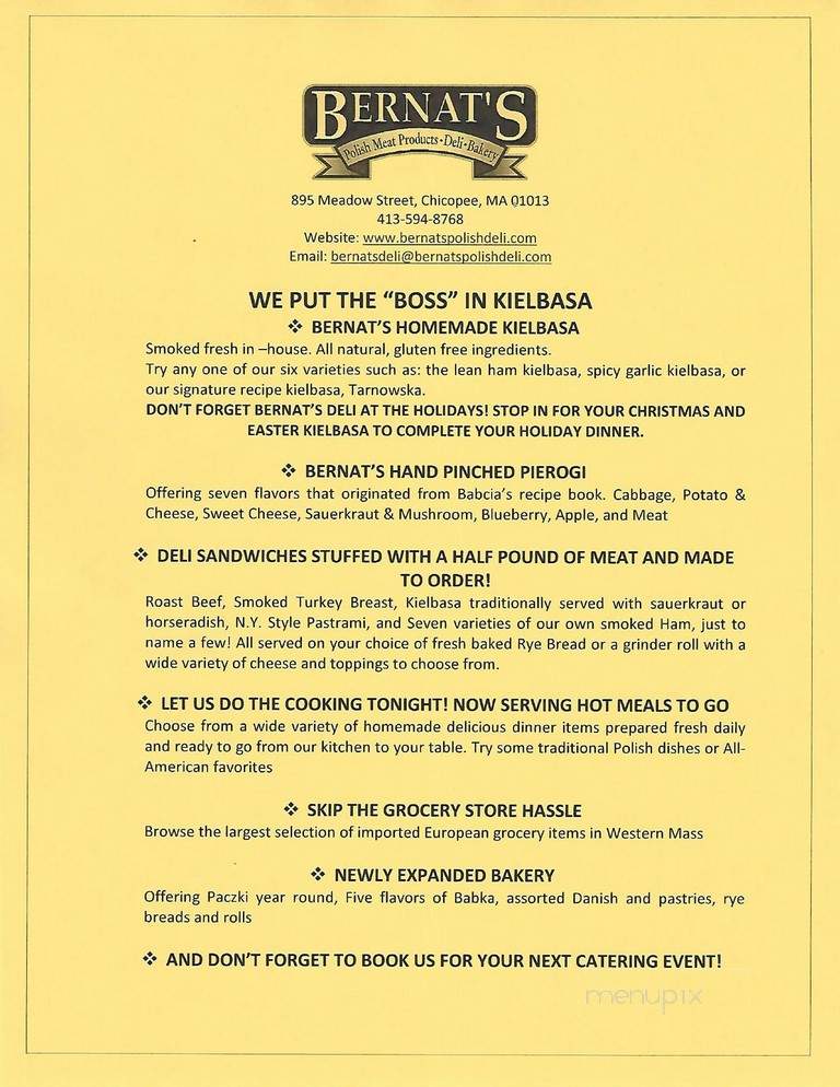 Bernat's Polish Meat Products - Chicopee, MA menu_pic