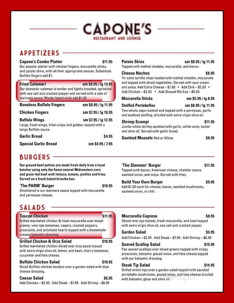 Capone's Restaurant - Peabody, MA menu_pic