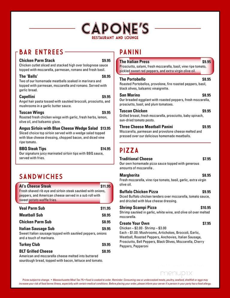 Capone's Restaurant - Peabody, MA menu_pic