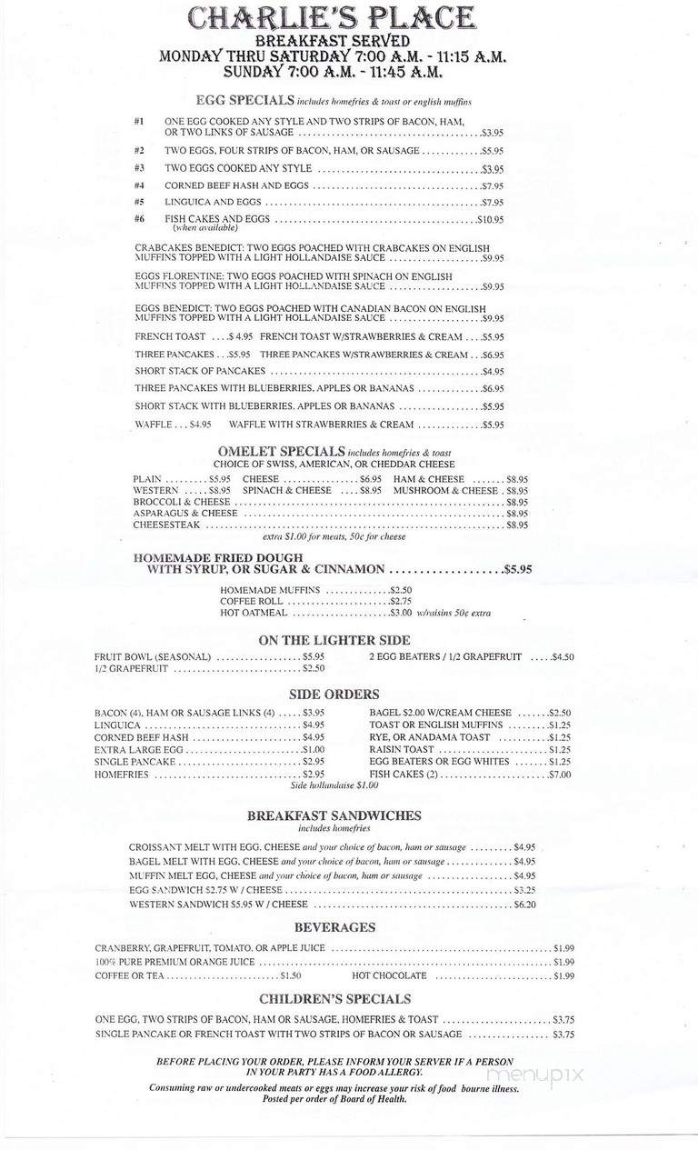 Charlie's Place - Gloucester, MA menu_pic