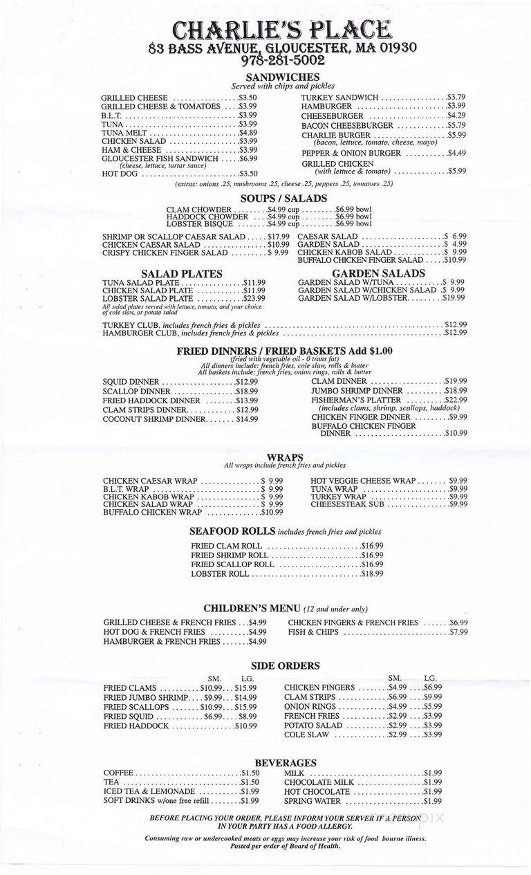 Charlie's Place - Gloucester, MA menu_pic