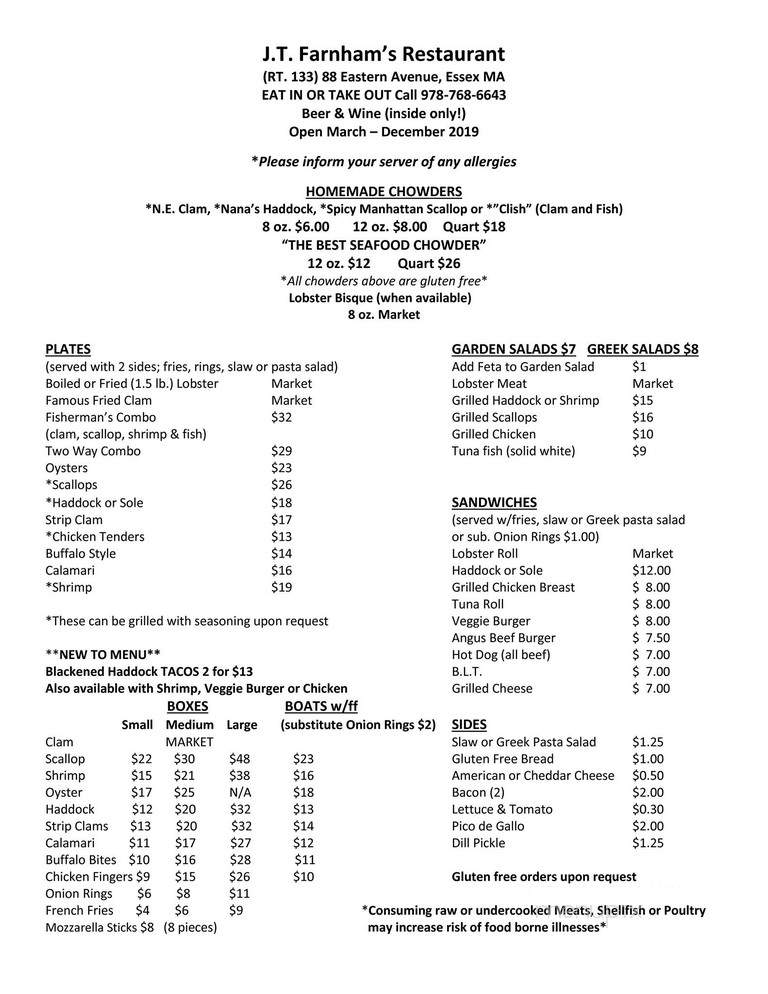 Farnhams J & T's Seafood - Essex, MA menu_pic
