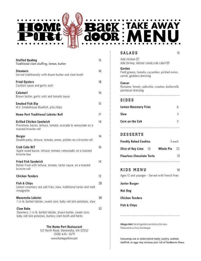 Home Port Restaurant - Chilmark, MA menu_pic