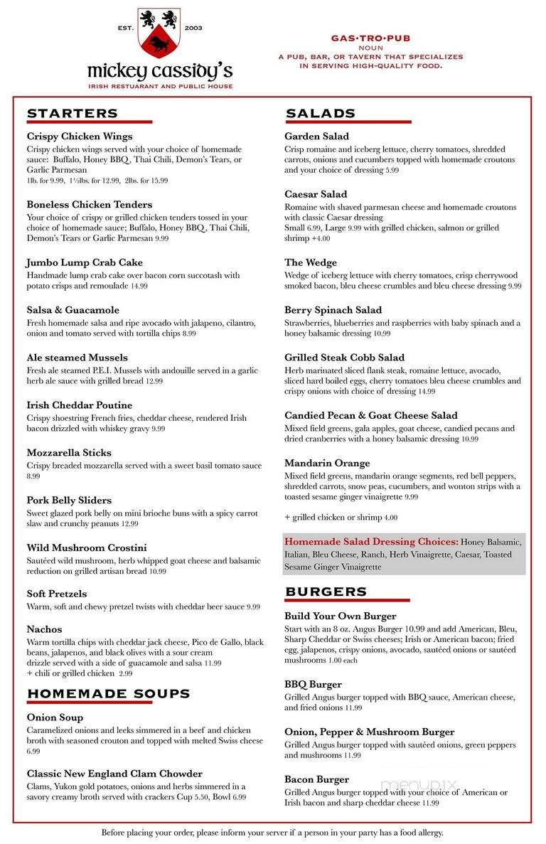 Mickey Cassidy's - Medway, MA menu_pic