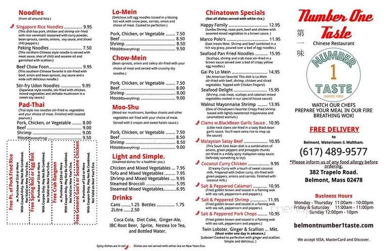 Number One Taste Chinese - Belmont, MA menu_pic