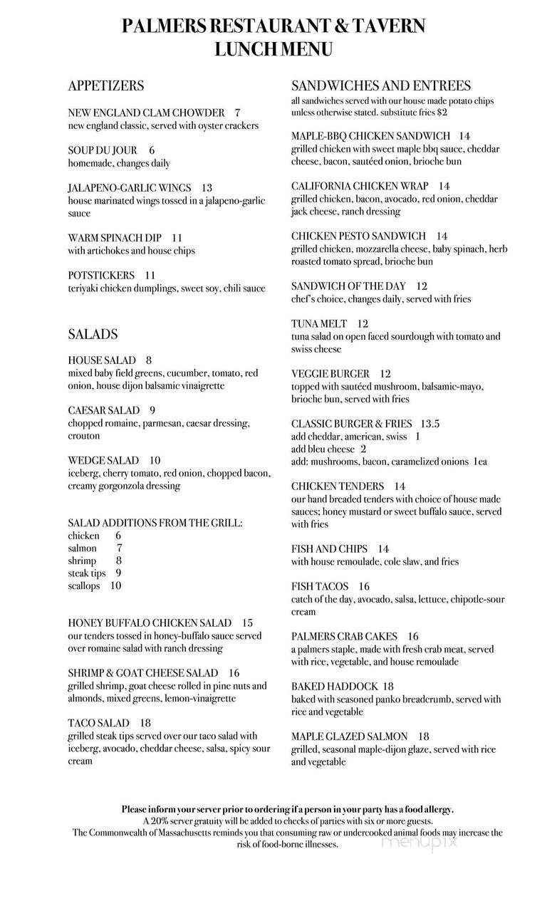 Palmers Restaurant & Tavern - Andover, MA menu_pic