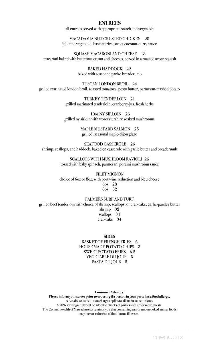 Palmers Restaurant & Tavern - Andover, MA menu_pic