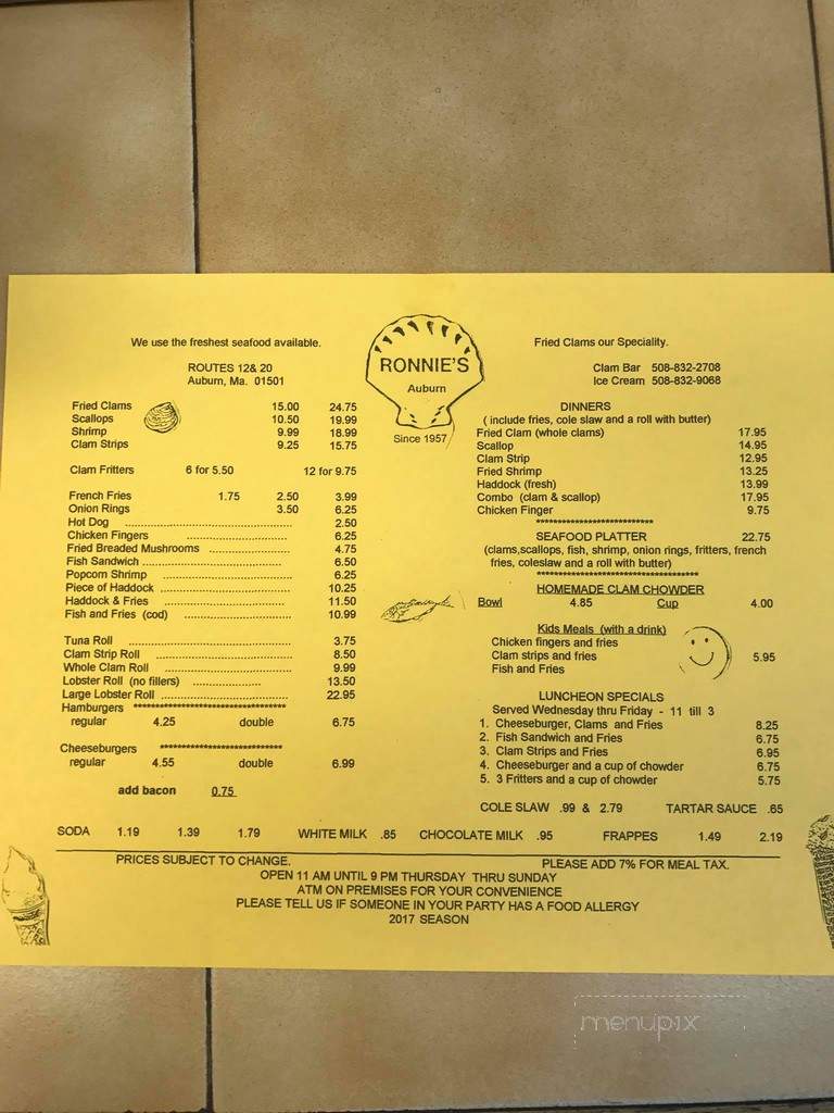 Ronnies Seafood and Ice Cream - Auburn, MA menu_pic