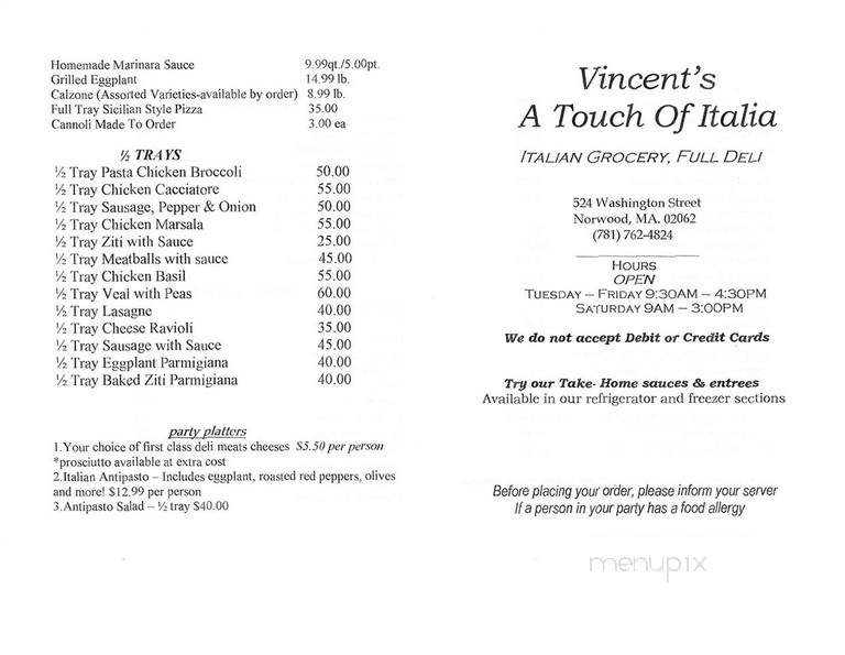 Vincent's A Touch Of Italia - Norwood, MA menu_pic