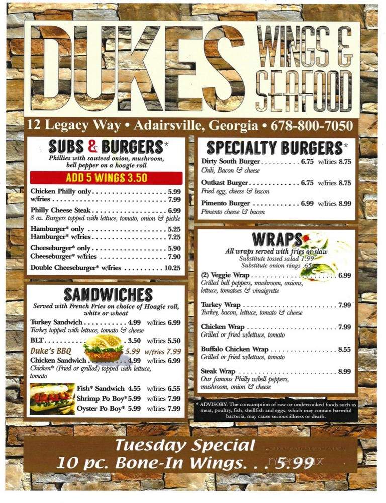 Duke's Wings & Seafood - Adairsville, GA menu_pic