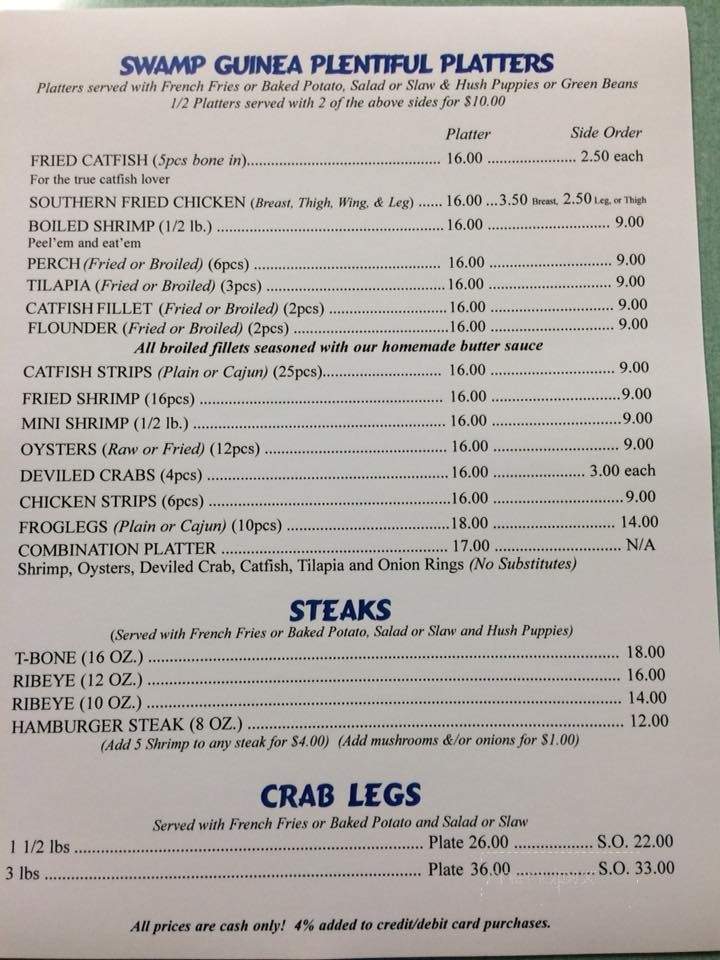 Swamp Guinea Restaurant - Hartwell, GA menu_pic