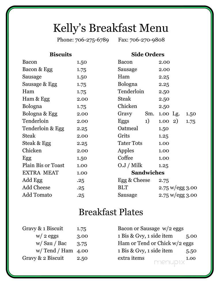 Kelly's Restaurant - Dalton, GA menu_pic