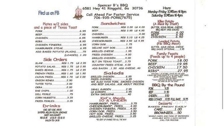 Spencer B's BBQ - Ringgold, GA menu_pic