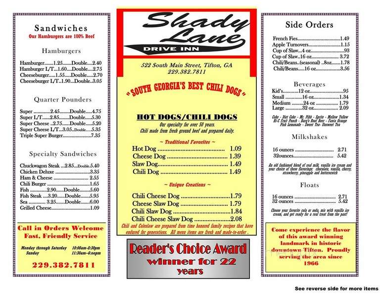 Shady Lane Drive Inn - Tifton, GA menu_pic