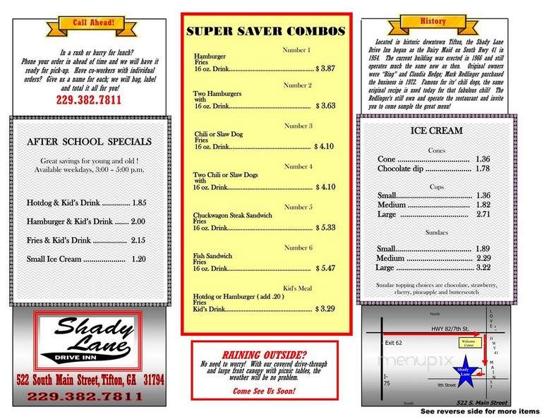 Shady Lane Drive Inn - Tifton, GA menu_pic
