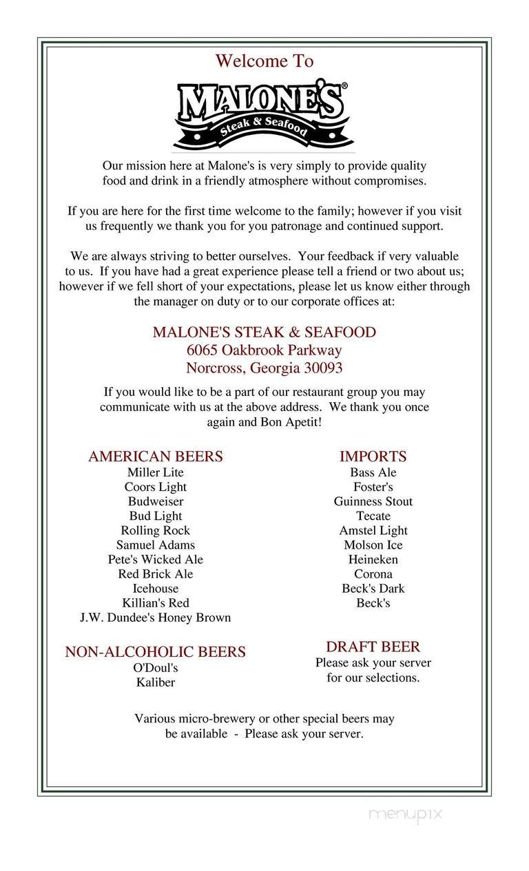 Malone's Bar & Grill - East Point, GA menu_pic