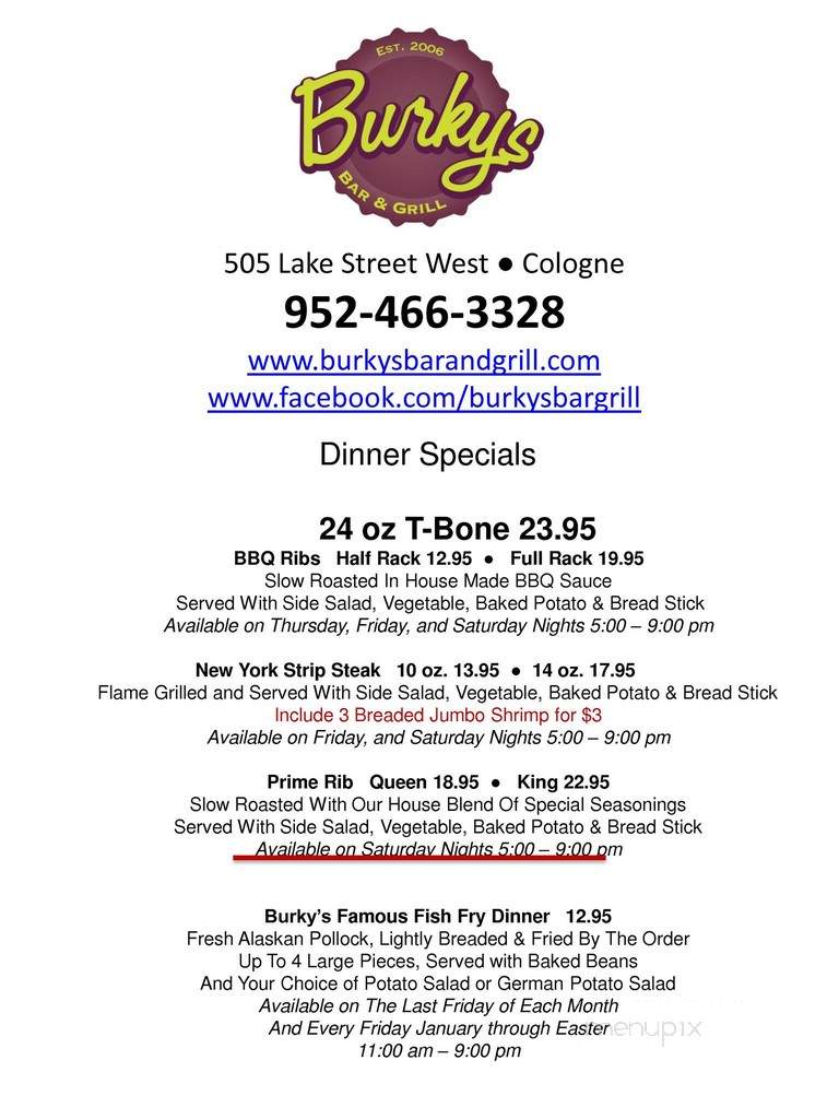 Burkys - Cologne, MN menu_pic