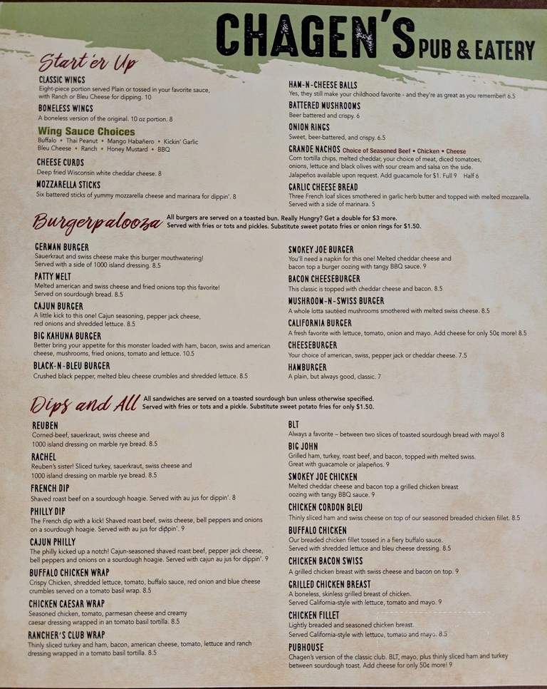 Chagen's Pub Eatery & Bottle - Henning, MN menu_pic