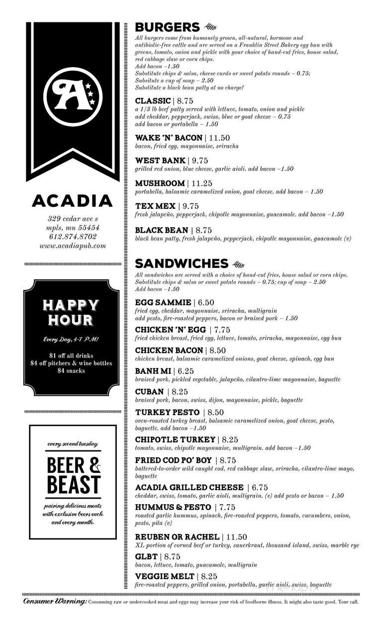 Acadia Cafe - Minneapolis, MN menu_pic