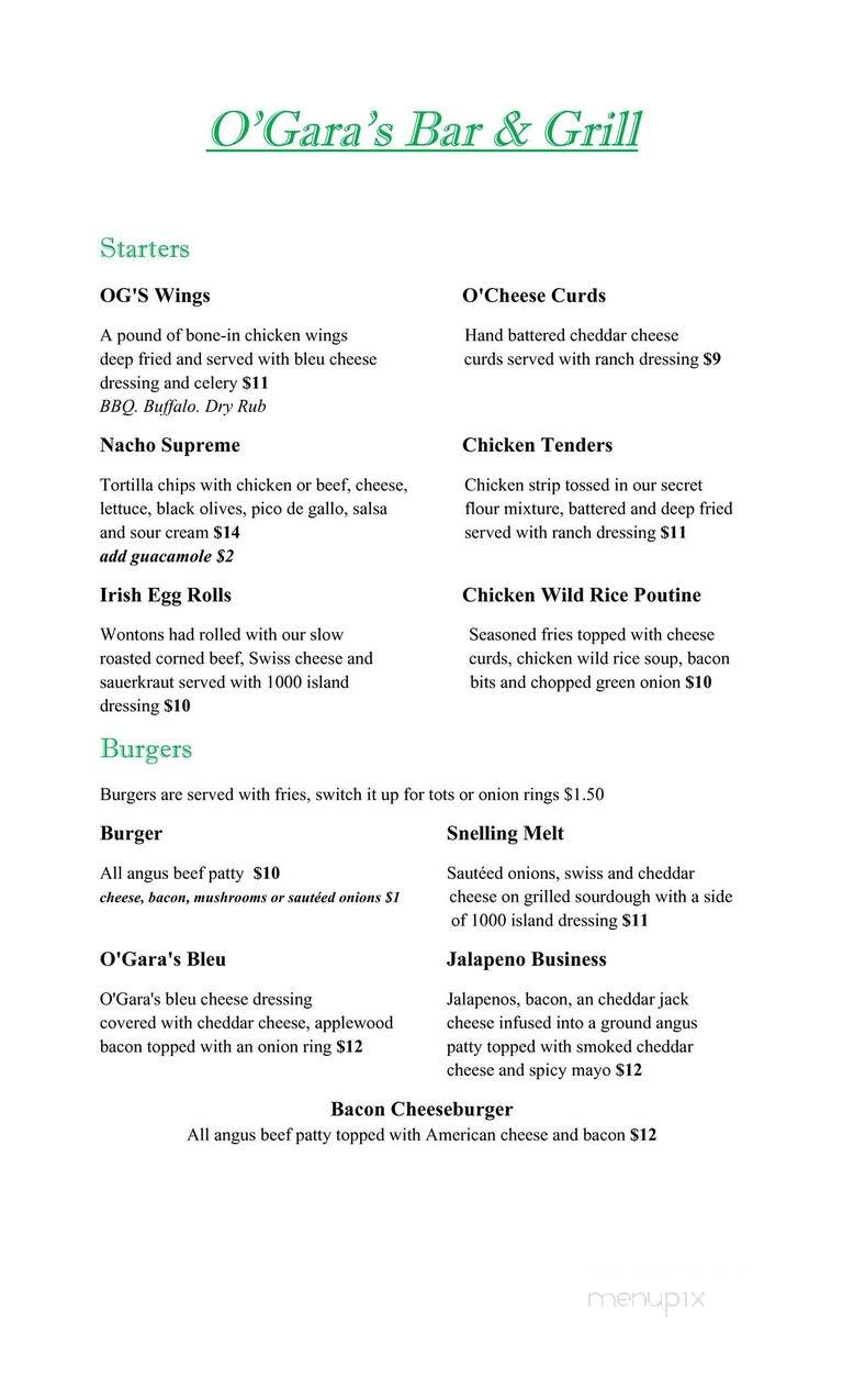 O'Gara's Bar & Grill - Saint Paul, MN menu_pic
