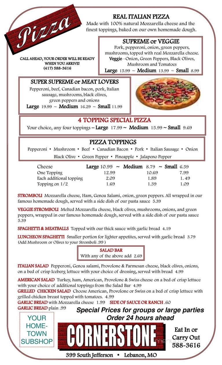 Menu of Cornerstone Subs & Pizza in Lebanon, MO 65536