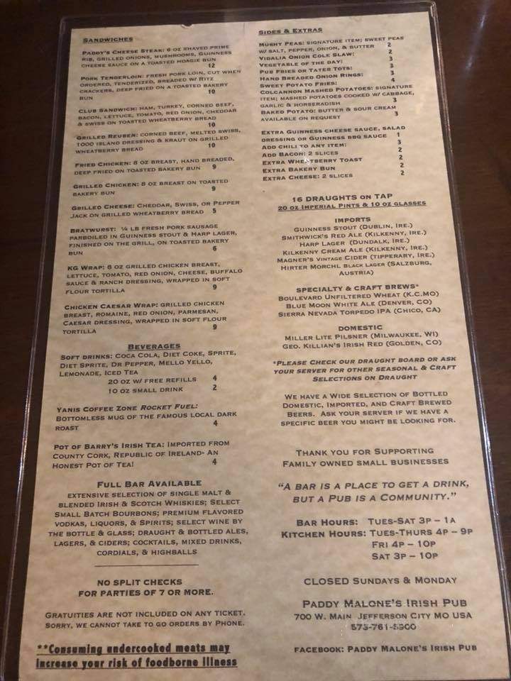 Paddy Malone's Pub - Jefferson City, MO menu_pic