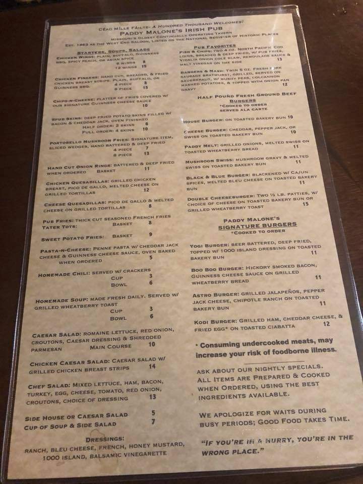 Paddy Malone's Pub - Jefferson City, MO menu_pic