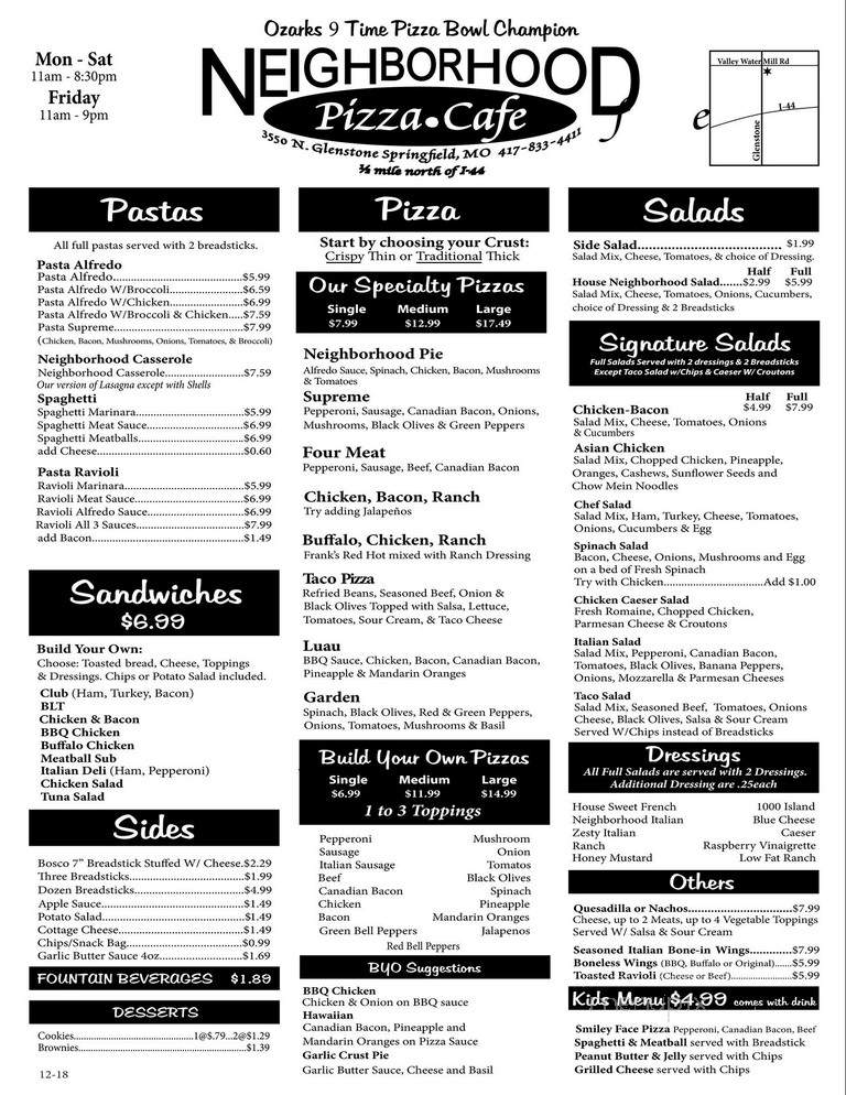 Neighborhood Pizza Cafe - Springfield, MO menu_pic