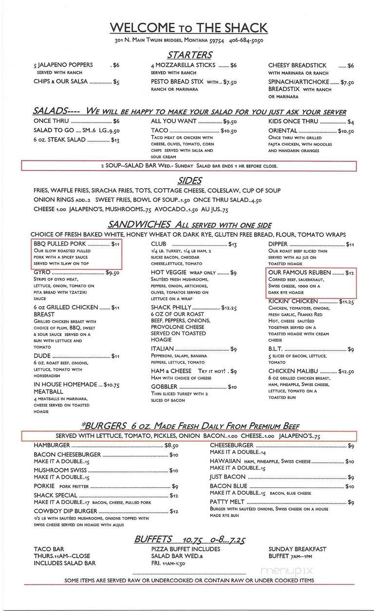 Shack - Twin Bridges, MT menu_pic